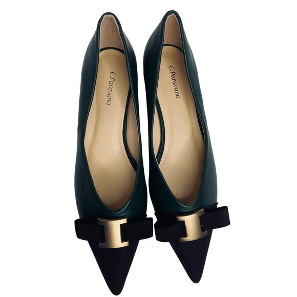C. Paravano Shoes - C. Paravano womens Pointed Toe Metal Tie Flats size 41 Green/ Black Leather New